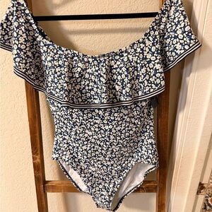 NWT Ralph Lauren Blue & White Floral Off Shoulder One Piece Swimwear size 14